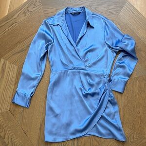 Zara Blue Satin Wrap Dress. Large